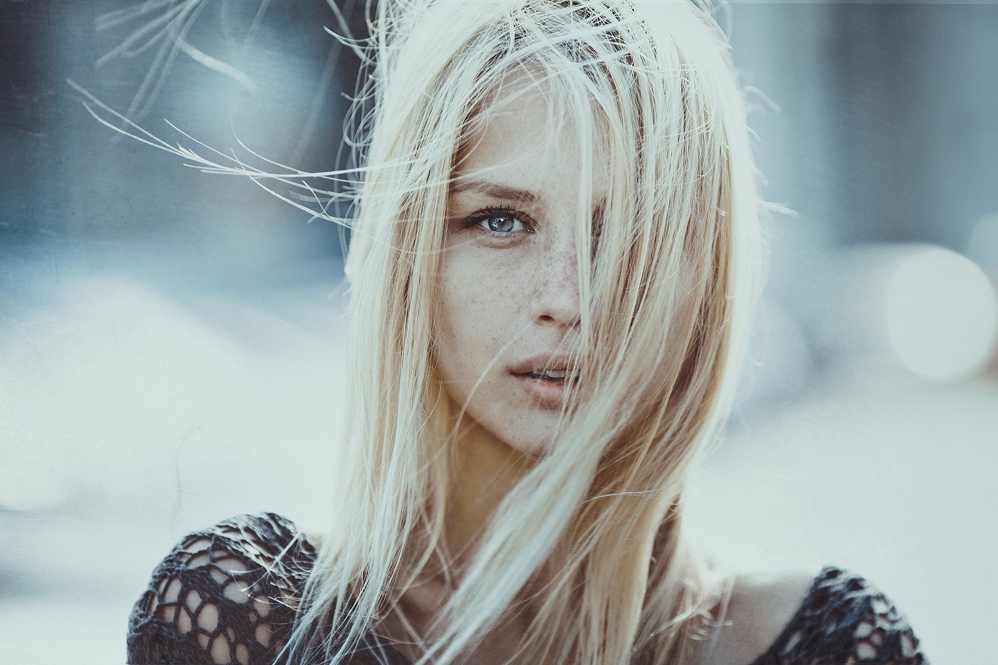 women blonde face freckles women outdoors blue eyes hair in face