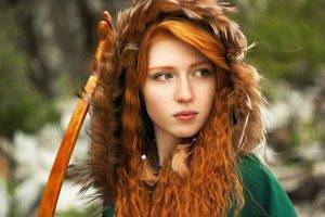 women model redhead long hair curly hair face women outdoors green eyes freckles fur coats bows feathers