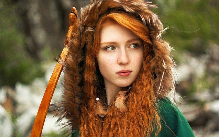 women model redhead long hair curly hair face women outdoors green eyes freckles fur coats bows feathers HD Wallpaper Desktop Background