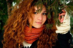 women model redhead long hair curly hair face smiling women outdoors blue eyes sweater trees coats winter