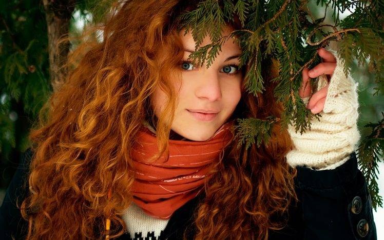 women model redhead long hair curly hair face smiling women outdoors blue eyes sweater trees coats winter HD Wallpaper Desktop Background