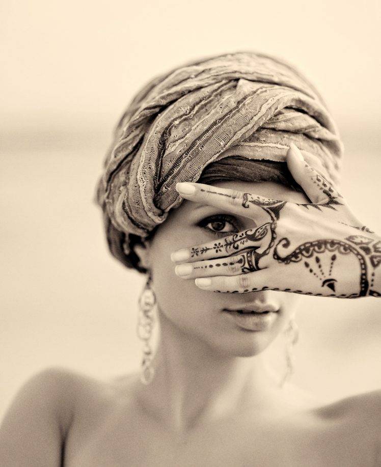 women tattoo sepia henna portrait HD Wallpaper Desktop Background