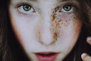 women closeup freckles eyes open mouth face