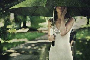 women rain umbrella brunette women outdoors white dress long hair necklace