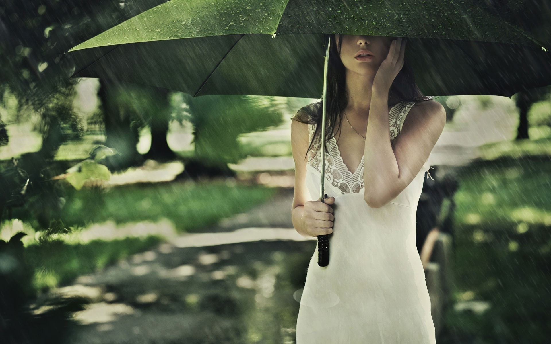 women rain umbrella brunette women outdoors white dress long hair necklace Wallpaper