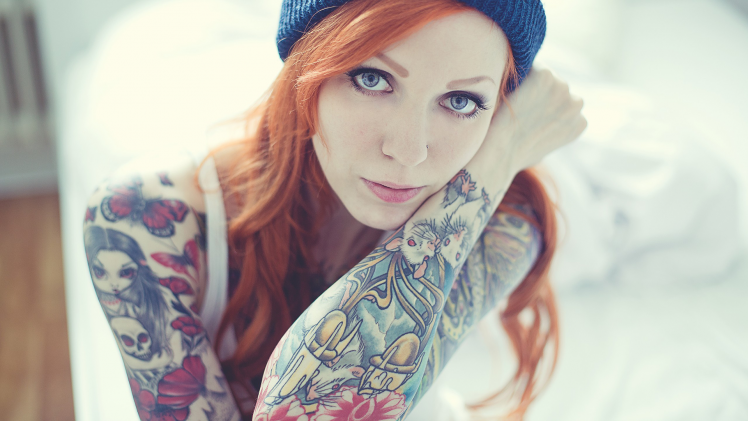 tattoo women redhead face blue eyes woolly hat evilla d ark HD Wallpaper Desktop Background