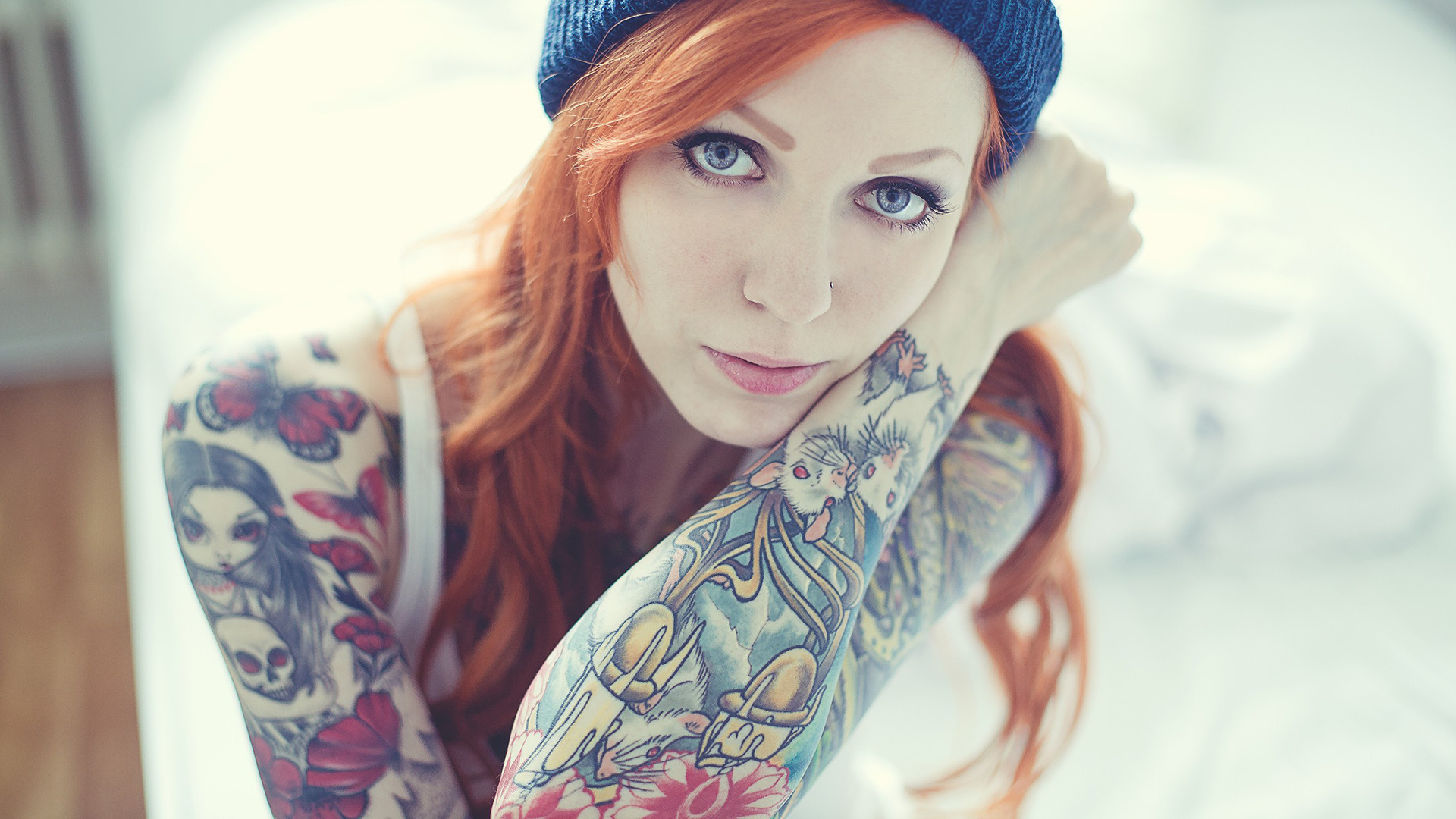 tattoo women redhead face blue eyes woolly hat evilla d ark Wallpaper