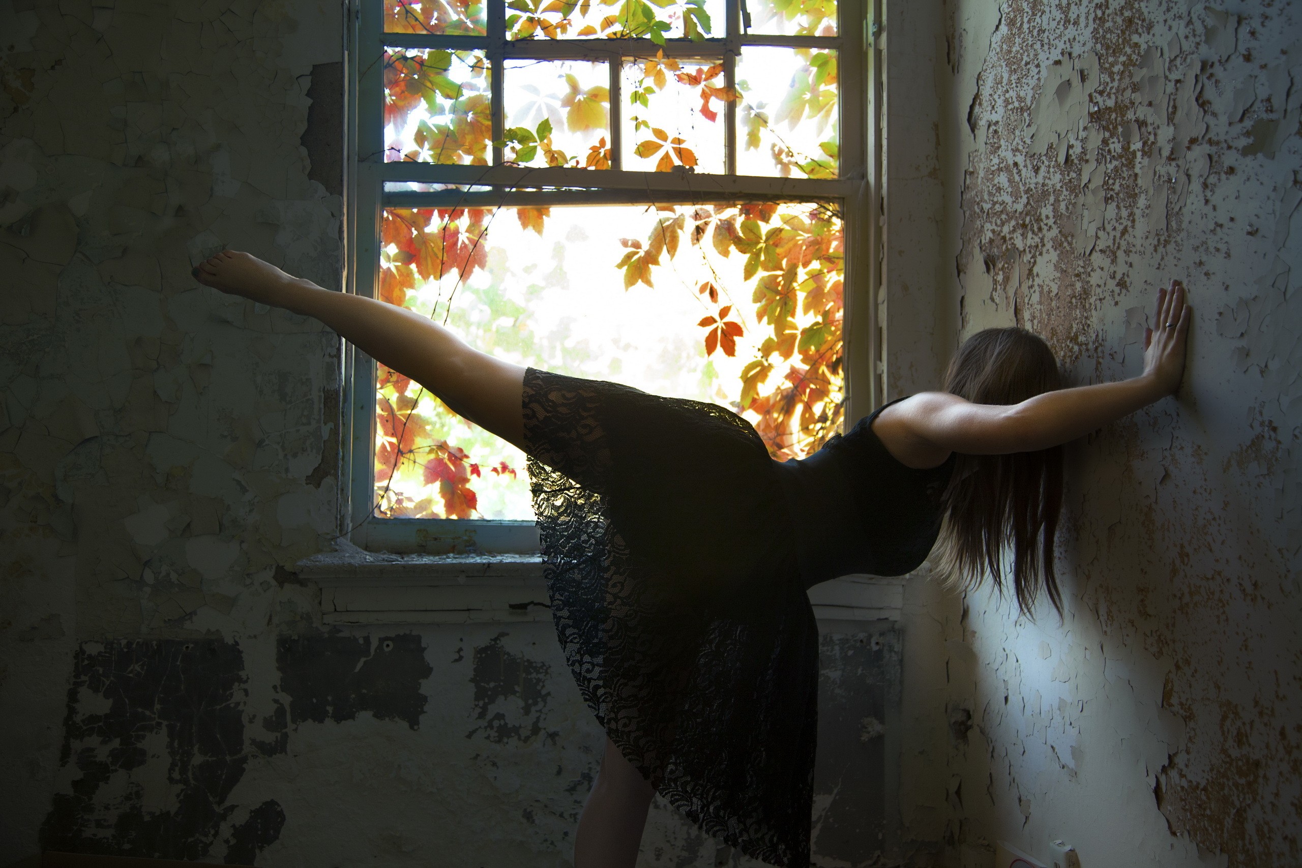 women window black dress barefoot leaves indoors abandoned Wallpaper