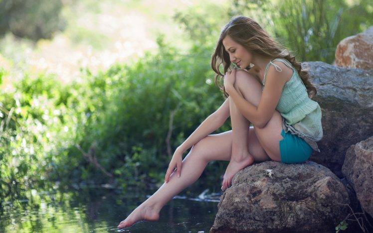 women model women outdoors brunette water feet barefoot HD Wallpaper Desktop Background