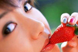 women brunette model face lipstick asian strawberries