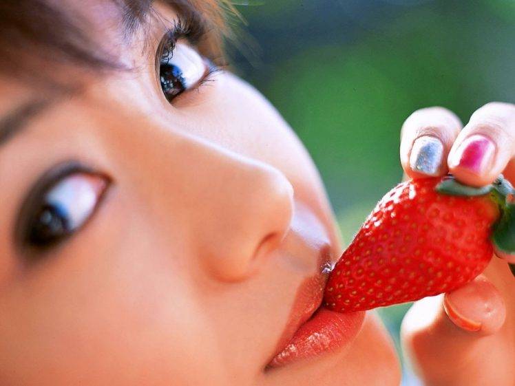 women brunette model face lipstick asian strawberries HD Wallpaper Desktop Background
