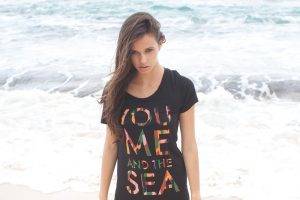 women brunette waves sea t shirt typography water