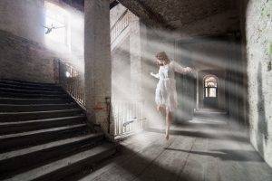women white dress photo manipulation sun rays pigeons stairs jumping shadow