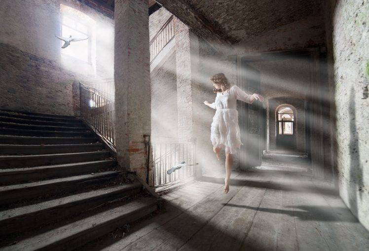 women white dress photo manipulation sun rays pigeons stairs jumping shadow HD Wallpaper Desktop Background