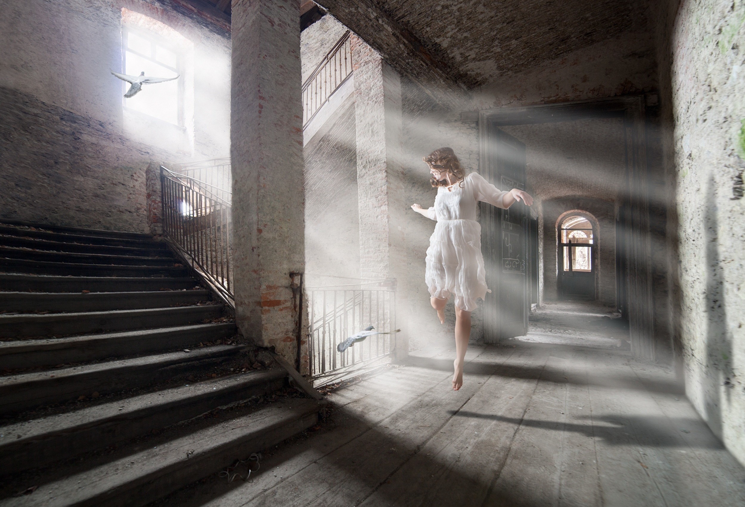 women white dress photo manipulation sun rays pigeons stairs jumping shadow Wallpaper