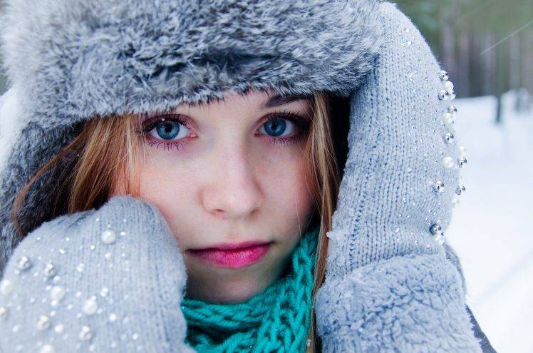 women blue eyes blonde winter gloves long hair aryan snow HD Wallpaper Desktop Background