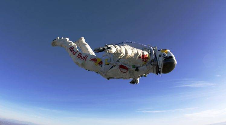 spacesuit men sky red bull felix baumgartner falling flying skydiving skydiver HD Wallpaper Desktop Background