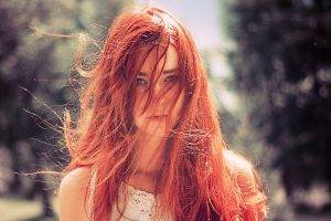 redhead model green eyes women women outdoors hair in face