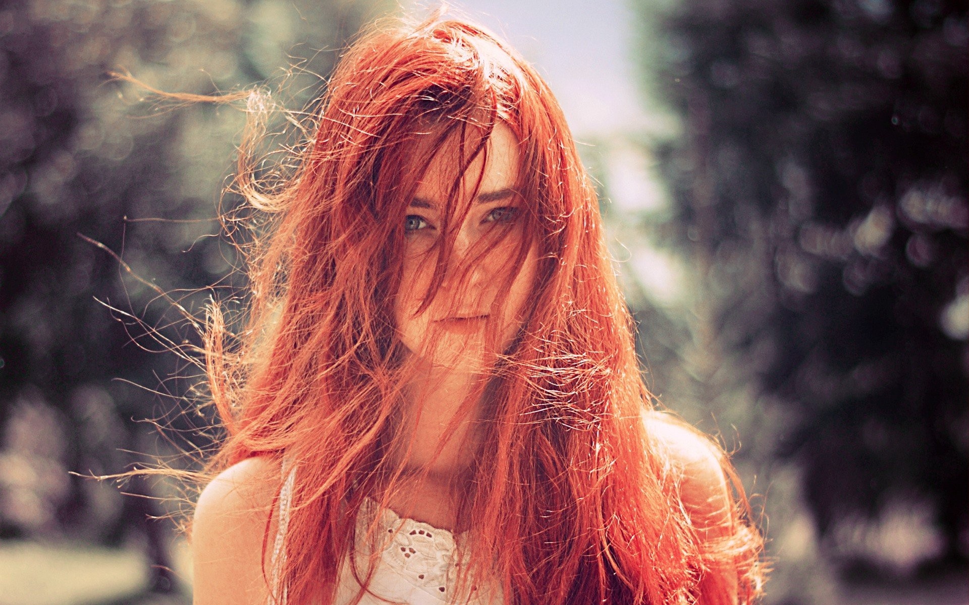 redhead model green eyes women women outdoors hair in face Wallpaper