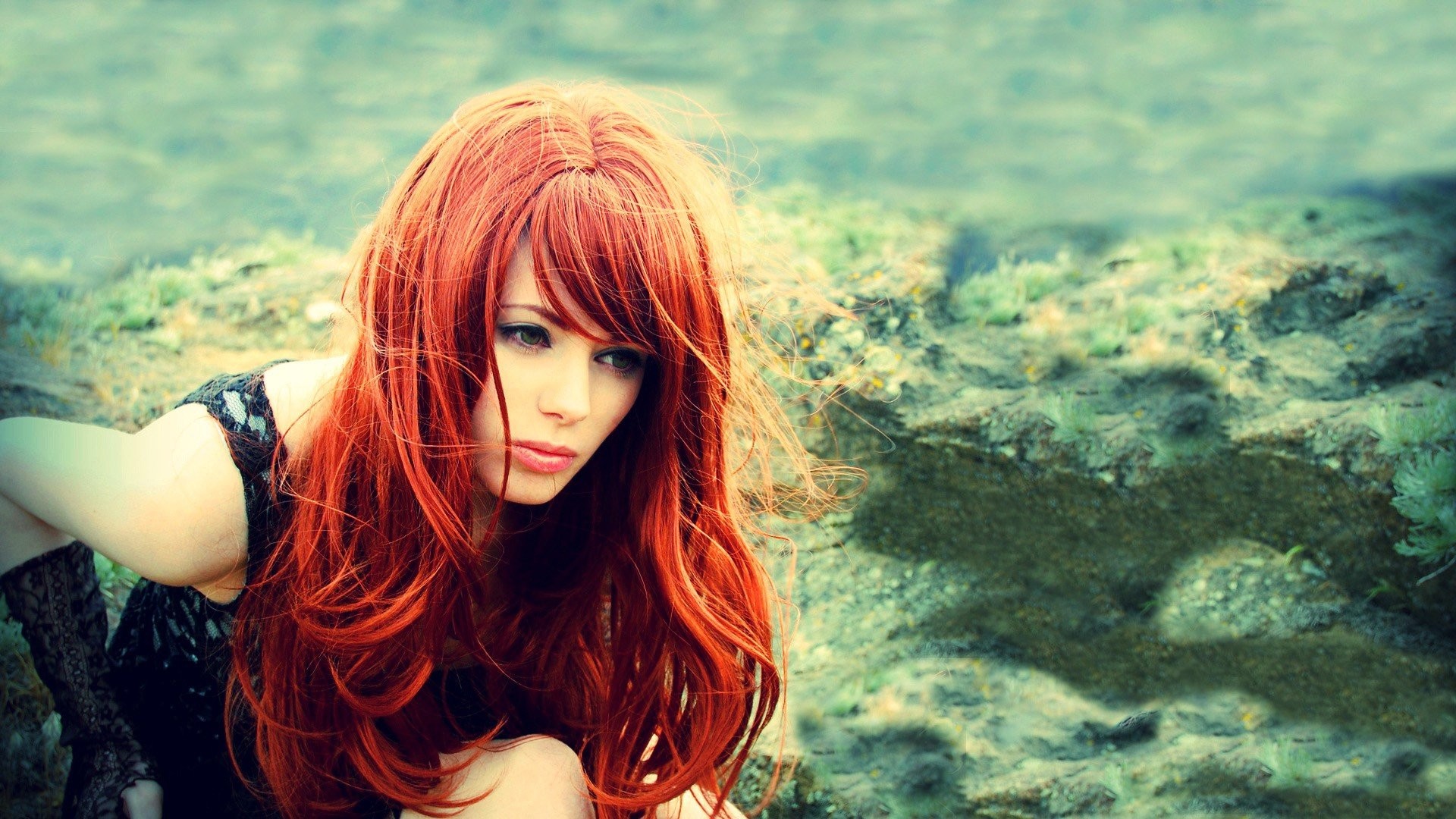 redhead model green eyes women Wallpaper
