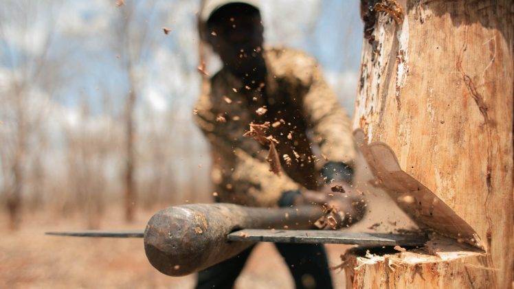 men black people trees axes chopping depth of field splinters wood HD Wallpaper Desktop Background