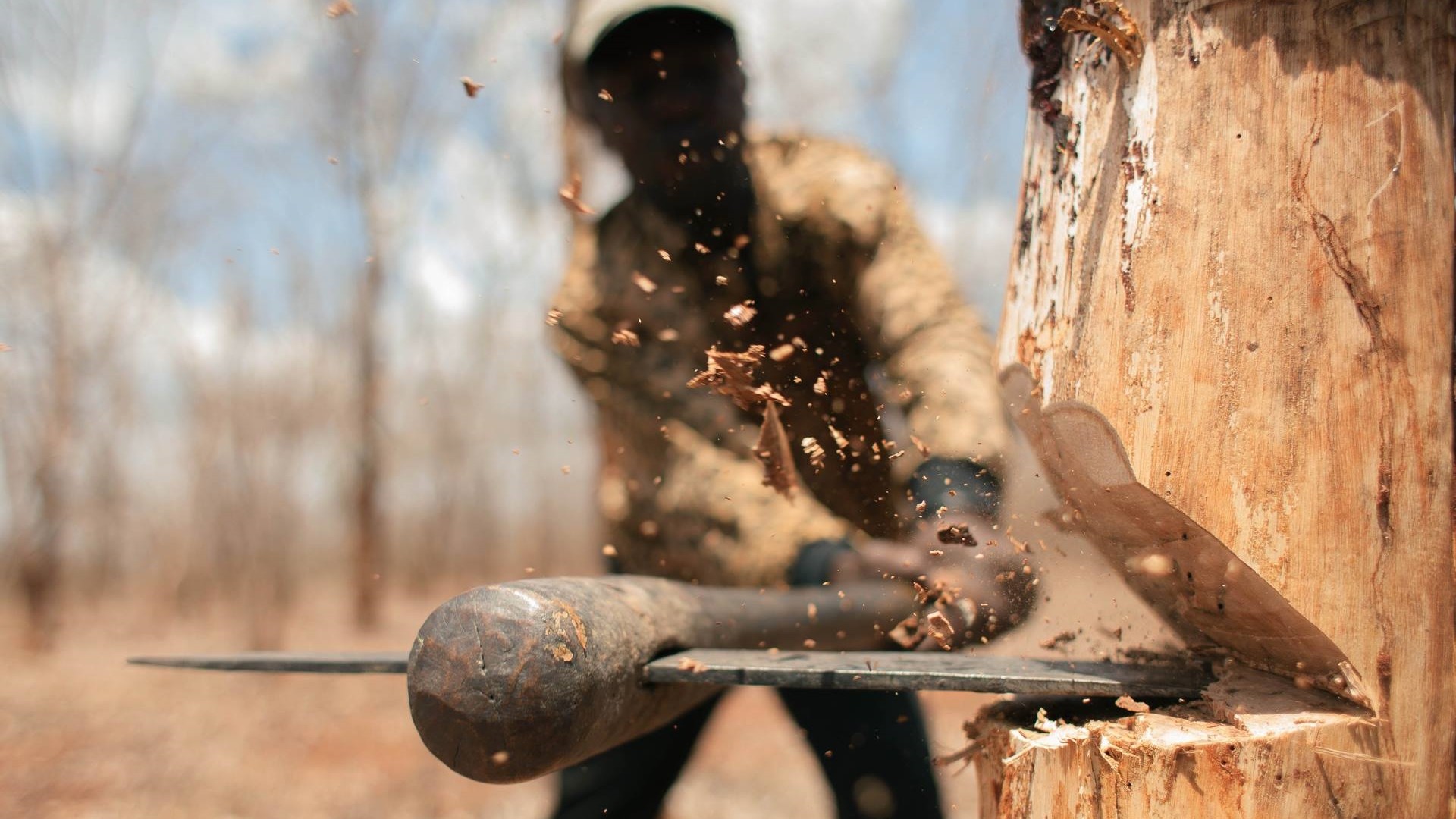 men black people trees axes chopping depth of field splinters wood Wallpaper