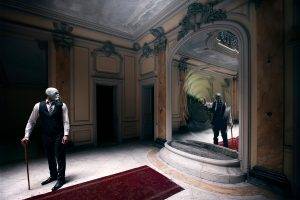 men creativity mirror reflection gas masks suits carpets indoors photo manipulation