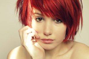 women model redhead face portrait brown eyes short hair simple background