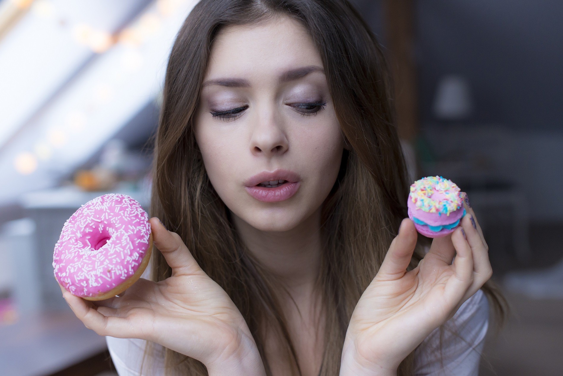 klaudia halejcio women blonde open mouth long hair donut depth of field Wallpaper