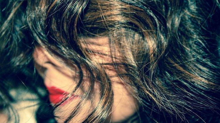 women hair lips red lipstick closeup face depth of field brunette HD Wallpaper Desktop Background