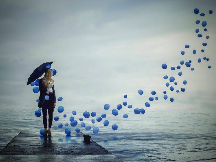 women model landscape nature balloons pier water sky clouds umbrella blonde HD Wallpaper Desktop Background