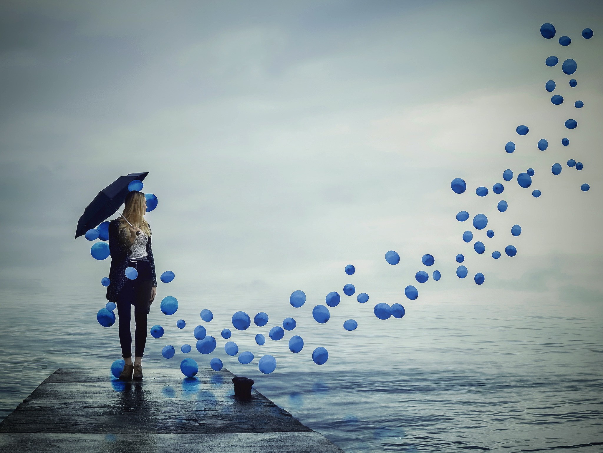 women model landscape nature balloons pier water sky clouds umbrella blonde Wallpaper