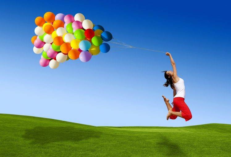 women model landscape nature balloons smiling jumping field grass sky colorful barefoot shadow HD Wallpaper Desktop Background