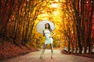 women model long hair women outdoors trees white dress road leaves fall high heels umbrella brunette