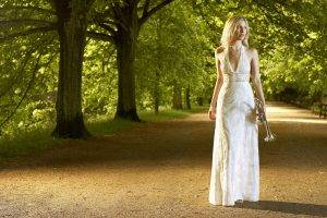 women model long hair women outdoors trees white dress park bench trumpets shadow blonde