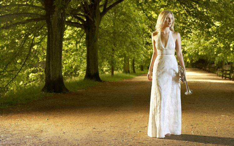 women model long hair women outdoors trees white dress park bench trumpets shadow blonde HD Wallpaper Desktop Background