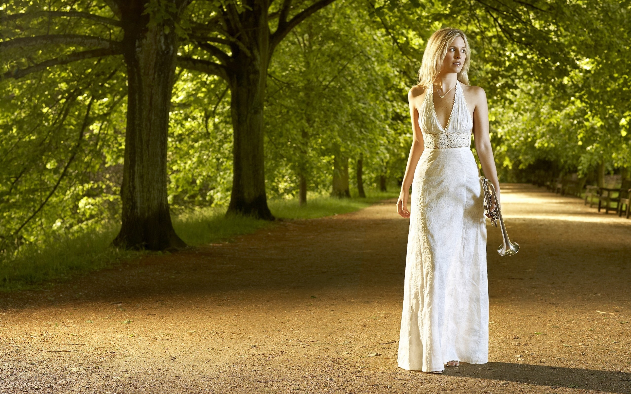 women model long hair women outdoors trees white dress park bench trumpets shadow blonde Wallpaper