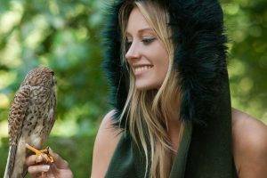 long hair women blonde smiling women outdoors hoods birds trees model
