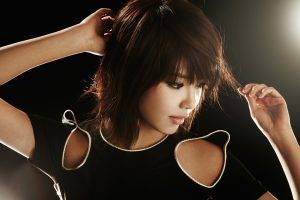 women brunette model face short hair asian black dress simple background choi sooyoung snsd