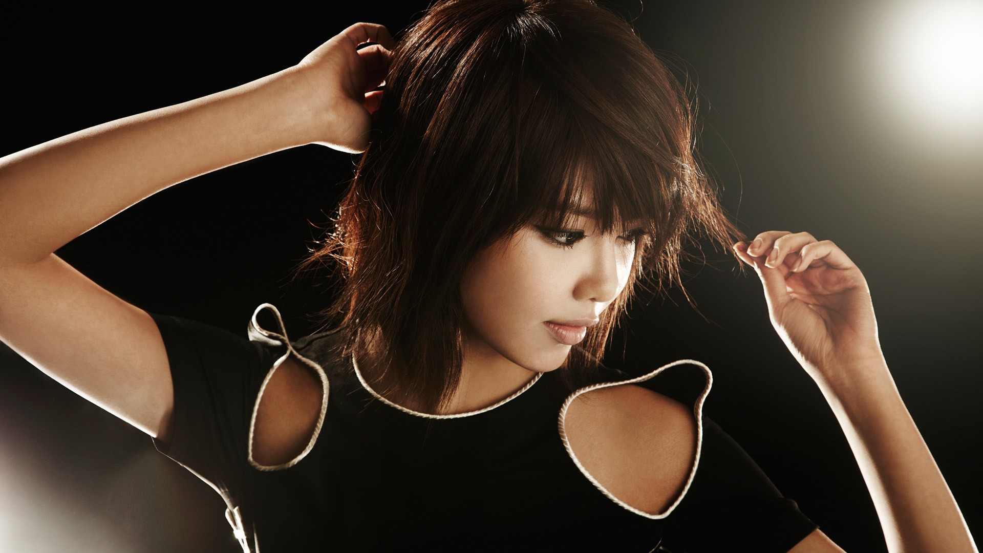 women brunette model face short hair asian black dress simple background choi sooyoung snsd Wallpaper