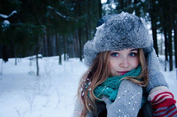 winter gloves long hair blue eyes women blonde funny hats women outdoors aryan snow HD Wallpaper Desktop Background