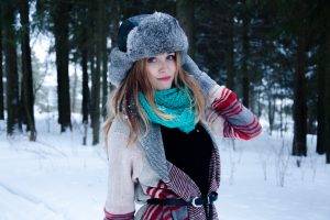 winter gloves long hair blue eyes women blonde women outdoors snow aryan