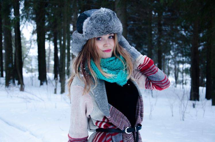 winter gloves long hair blue eyes women blonde women outdoors snow aryan HD Wallpaper Desktop Background