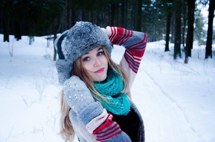 winter gloves long hair blue eyes women blonde women outdoors HD Wallpaper Desktop Background
