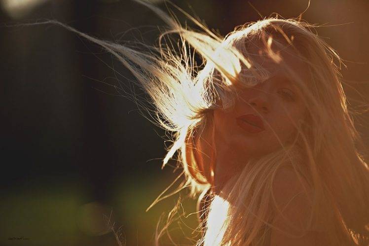 women blonde depth of field long hair women outdoors natural lighting hair in face HD Wallpaper Desktop Background