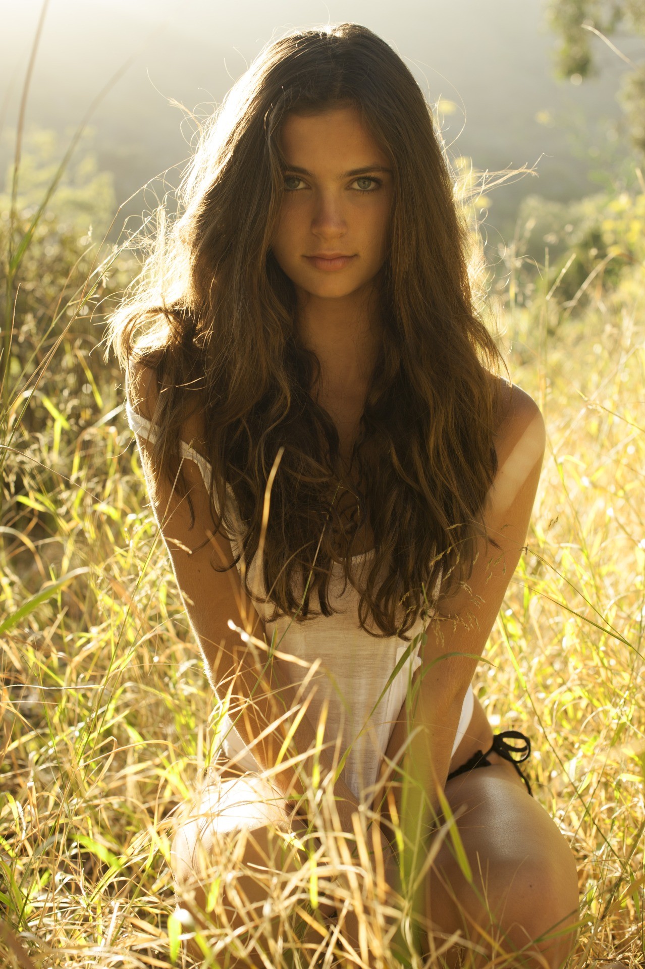 women brunette women outdoors long hair white tops sunlight Wallpaper