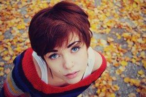 lana branishti redhead women fall blue eyes women outdoors sweater pierced nose
