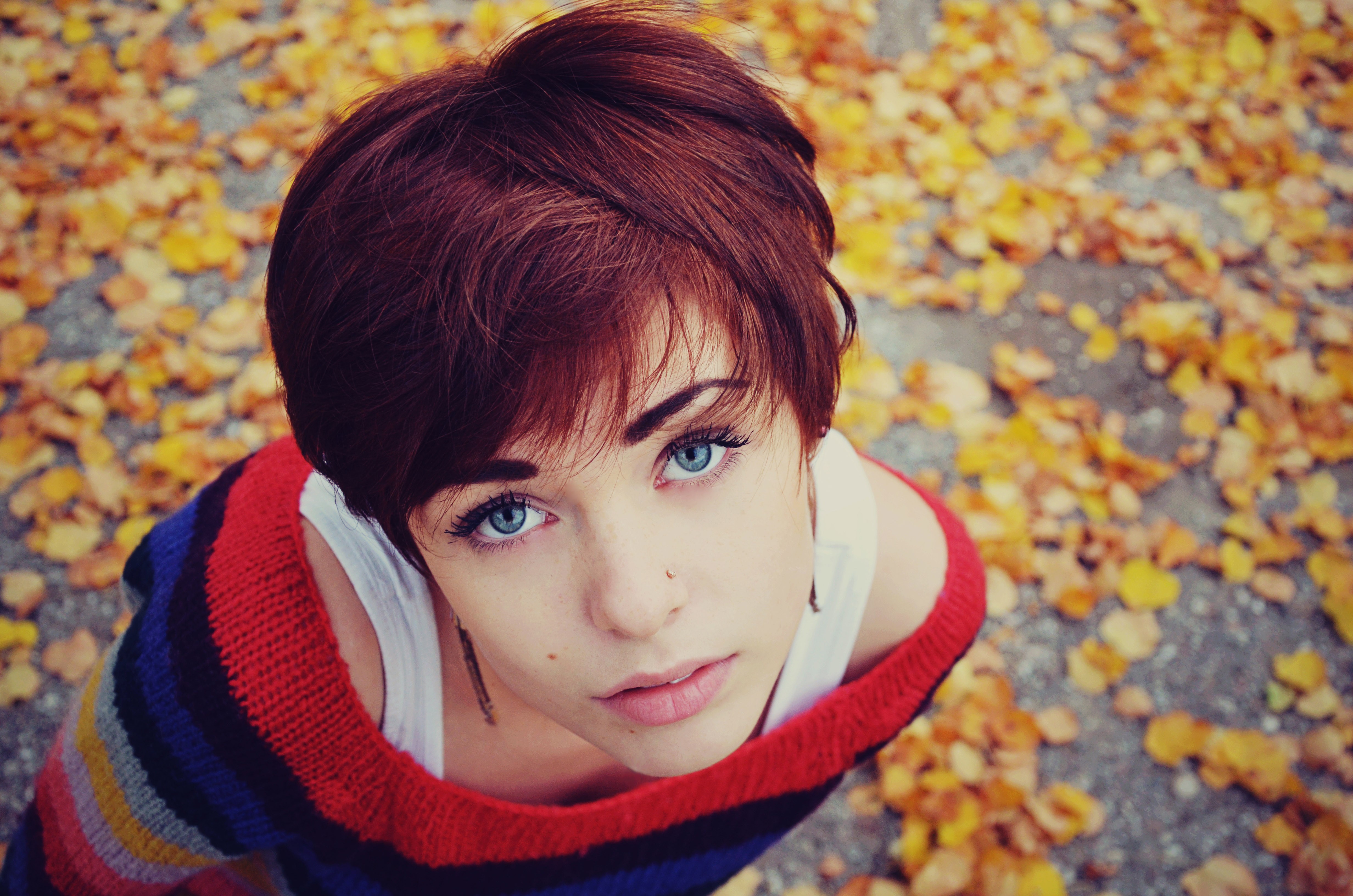 lana branishti redhead women fall blue eyes women outdoors sweater pierced nose Wallpaper