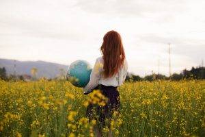 women model long hair redhead women outdoors rear view blouses skirt globes nature field flowers