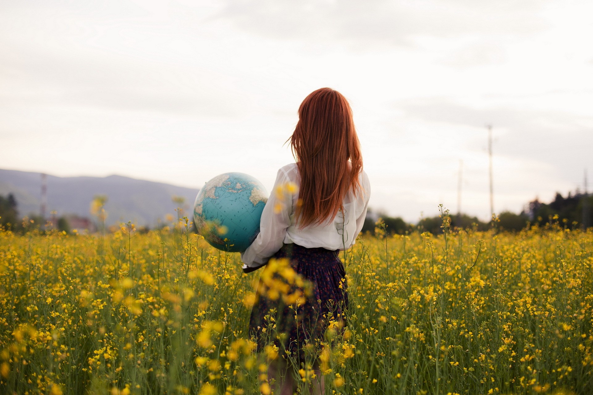 women model long hair redhead women outdoors rear view blouses skirt globes nature field flowers Wallpaper